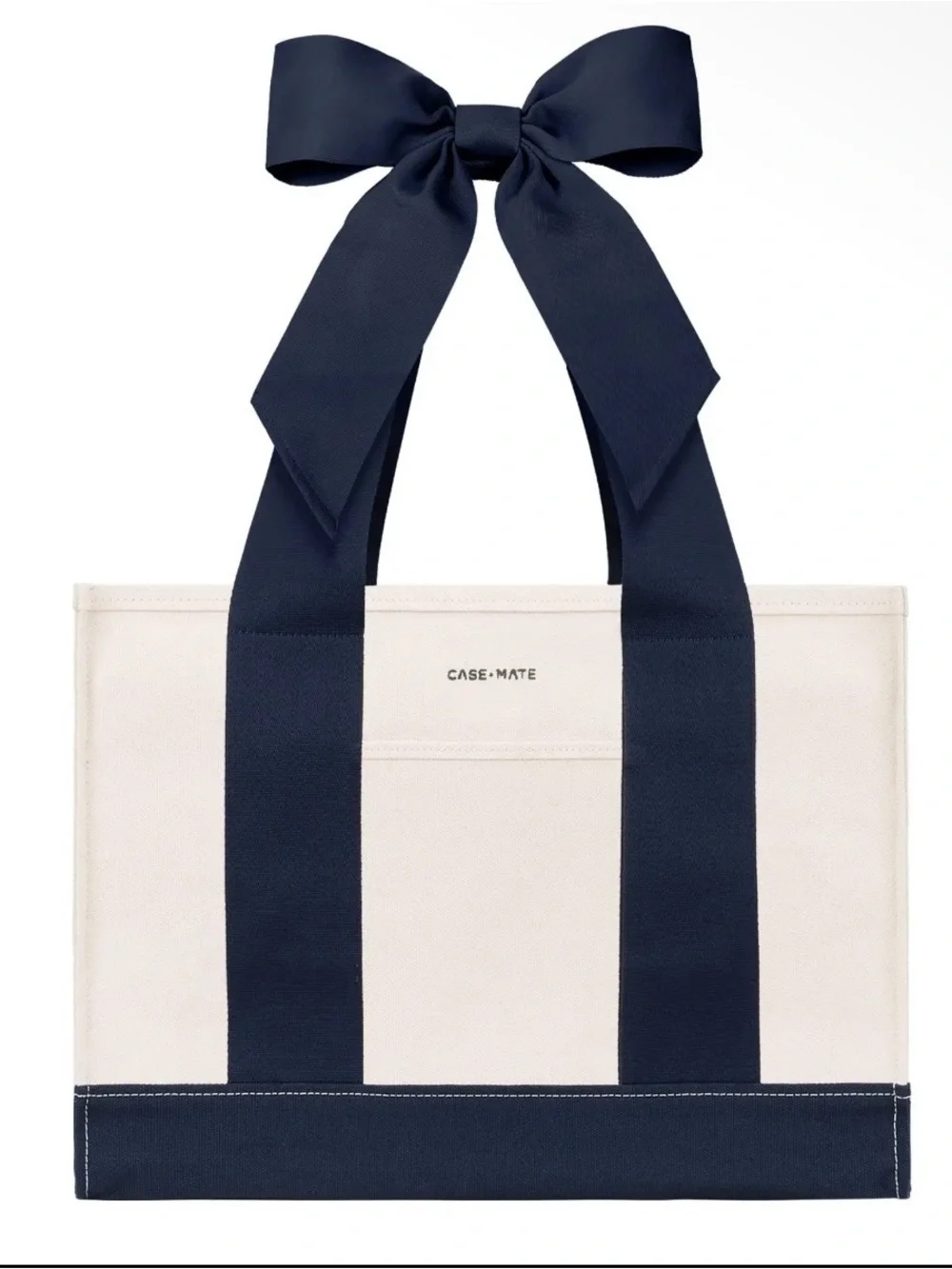 case-mate Cream Canvas Tote with Navy Ribbon Handles and Bow